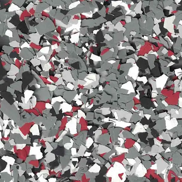 Red, gray, black, and white flakes scattered in an abstract pattern. No recognizable landmarks or figures are present.
