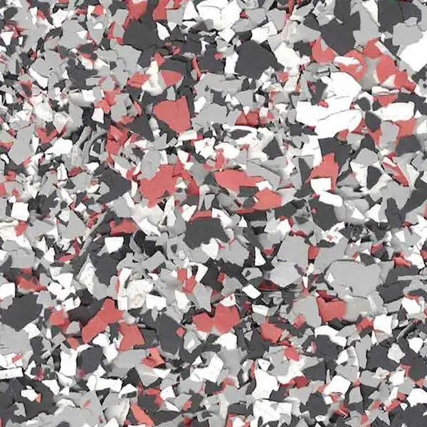 This image displays a scattered mix of variously sized colored flakes in shades of gray, black, white, and red, creating an abstract pattern.