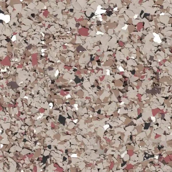 This image shows a textured surface with a mix of beige, red, black, and white flakes. It resembles a decorative epoxy floor.